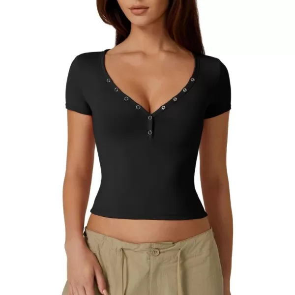 QINSEN Women's Sexy Short Sleeve Henley T Shirts Double Lined Button Up Slim Fit Crop Top Y2K Going Out Tops