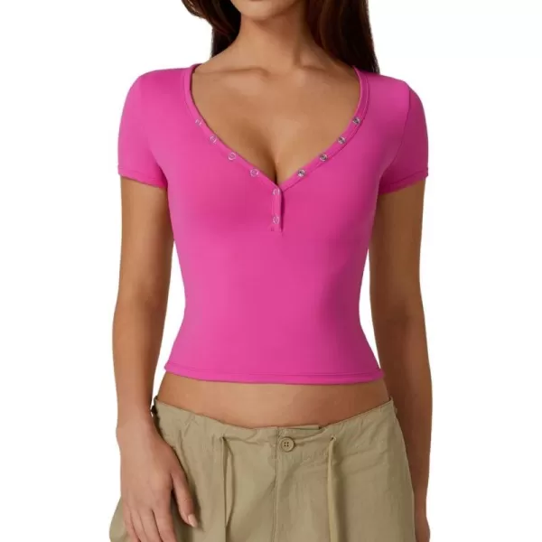 QINSEN Women's Sexy Short Sleeve Henley T Shirts Double Lined Button Up Slim Fit Crop Top Y2K Going Out Tops
