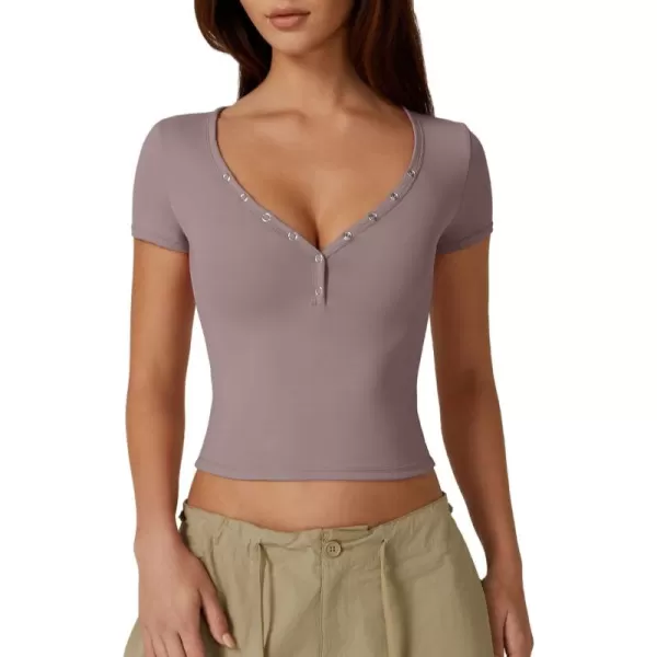 QINSEN Women's Sexy Short Sleeve Henley T Shirts Double Lined Button Up Slim Fit Crop Top Y2K Going Out Tops