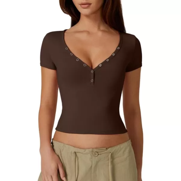 QINSEN Women's Sexy Short Sleeve Henley T Shirts Double Lined Button Up Slim Fit Crop Top Y2K Going Out Tops