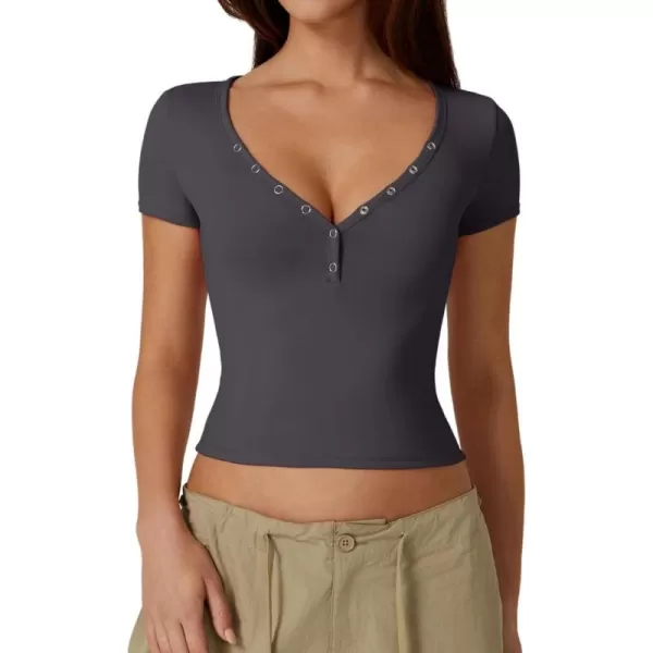 QINSEN Women's Sexy Short Sleeve Henley T Shirts Double Lined Button Up Slim Fit Crop Top Y2K Going Out Tops