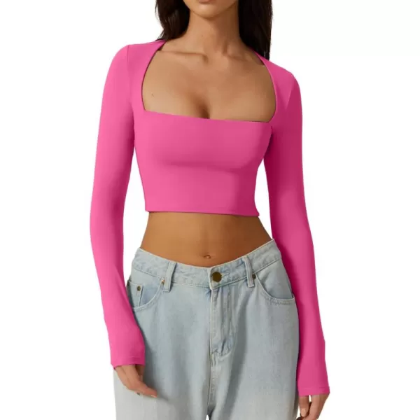 QINSEN Women's Sexy Square Neck Crop Top Long Sleeve Slim Fit Cropped T Shirts