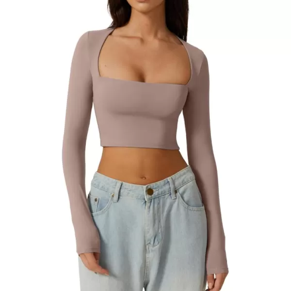 QINSEN Women's Sexy Square Neck Crop Top Long Sleeve Slim Fit Cropped T Shirts