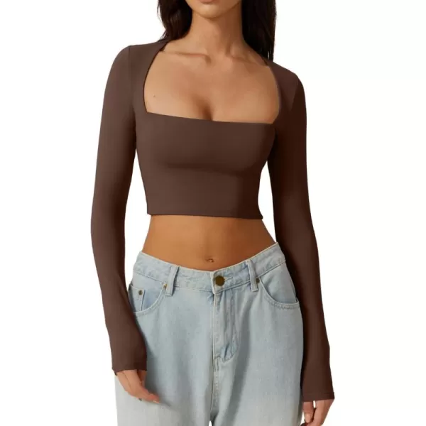 QINSEN Women's Sexy Square Neck Crop Top Long Sleeve Slim Fit Cropped T Shirts