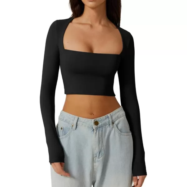 QINSEN Women's Sexy Square Neck Crop Top Long Sleeve Slim Fit Cropped T Shirts