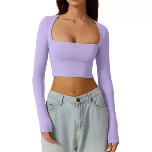QINSEN Women's Sexy Square Neck Crop Top Long Sleeve Slim Fit Cropped T Shirts