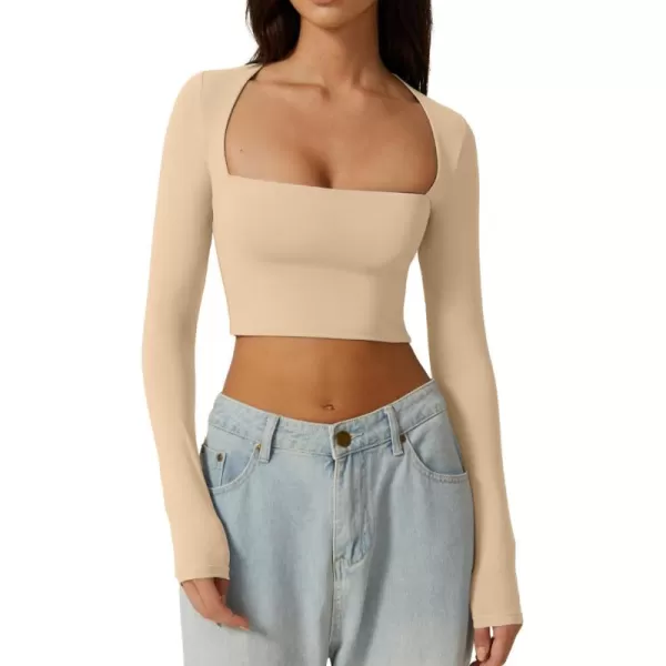 QINSEN Women's Sexy Square Neck Crop Top Long Sleeve Slim Fit Cropped T Shirts