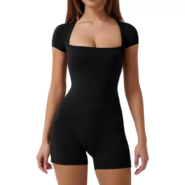 QINSEN Women's Short Sleeve Bodycon Romper Stretchy Square Neck Sexy Unitard Jumpsuit