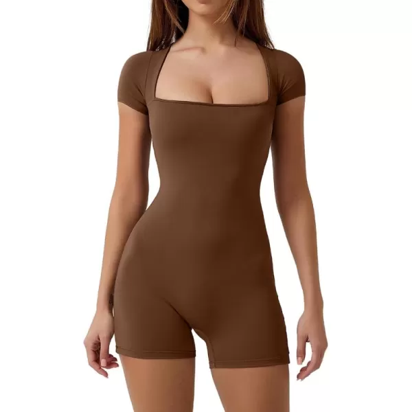 QINSEN Women's Short Sleeve Bodycon Romper Stretchy Square Neck Sexy Unitard Jumpsuit