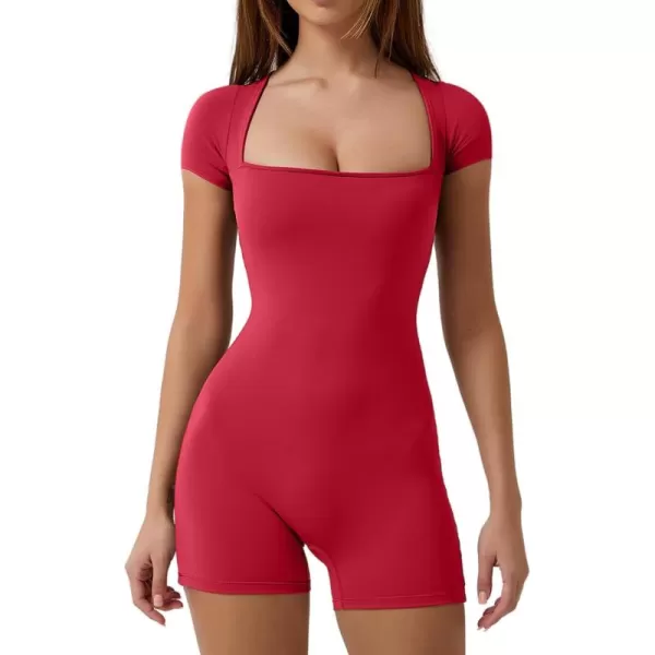 QINSEN Women's Short Sleeve Bodycon Romper Stretchy Square Neck Sexy Unitard Jumpsuit