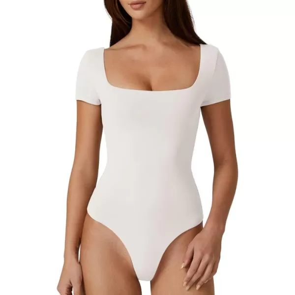 QINSEN Women's Square Neck Short Sleeve Double-Layer Bodysuit Fashion T-Shirt Tops