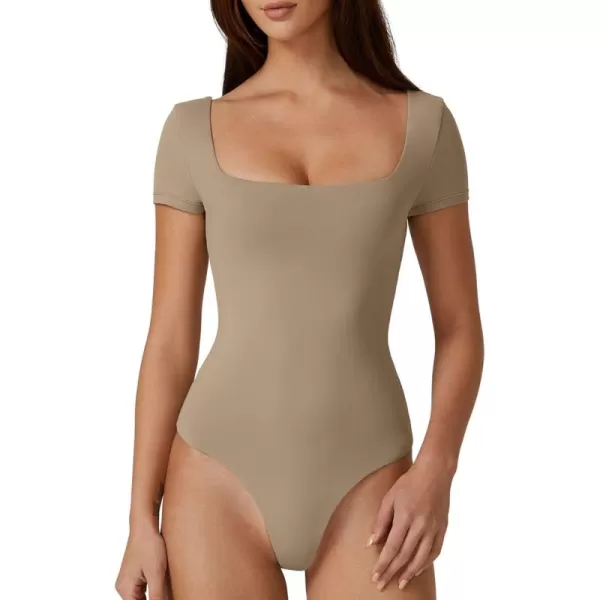 QINSEN Women's Square Neck Short Sleeve Double-Layer Bodysuit Fashion T-Shirt Tops