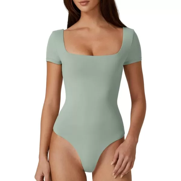 QINSEN Women's Square Neck Short Sleeve Double-Layer Bodysuit Fashion T-Shirt Tops