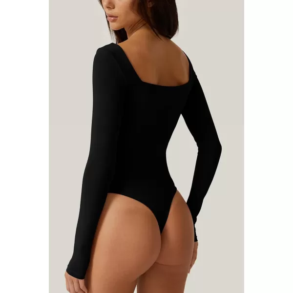 QINSEN Bodysuit Tops for Women Square Neck Long Sleeve Double Lined T-shirt