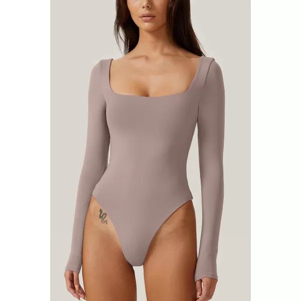 QINSEN Bodysuit Tops for Women Square Neck Long Sleeve Double Lined T-shirt