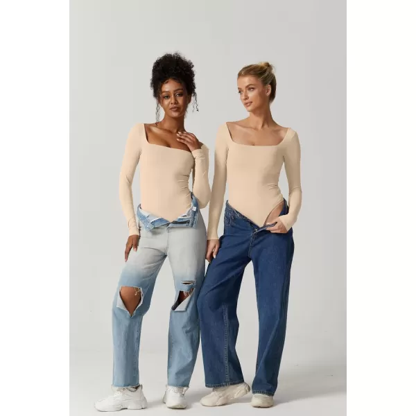 QINSEN Bodysuit Tops for Women Square Neck Long Sleeve Double Lined T-shirt