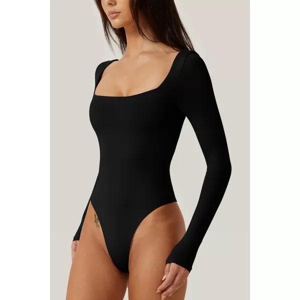 QINSEN Bodysuit Tops for Women Square Neck Long Sleeve Double Lined T-shirt
