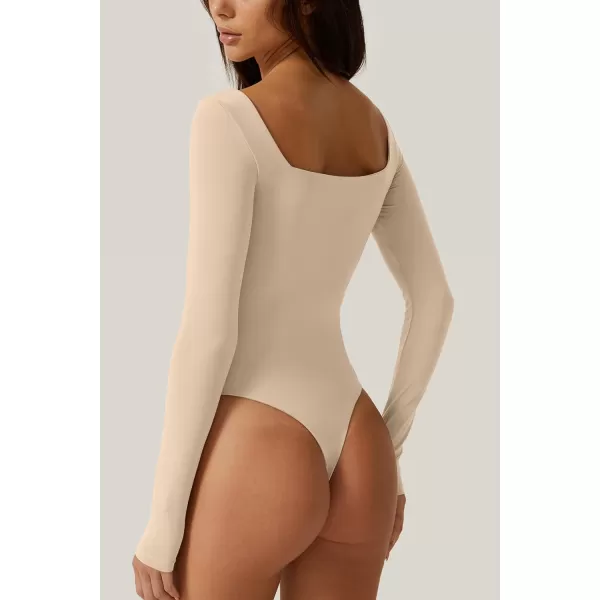 QINSEN Bodysuit Tops for Women Square Neck Long Sleeve Double Lined T-shirt
