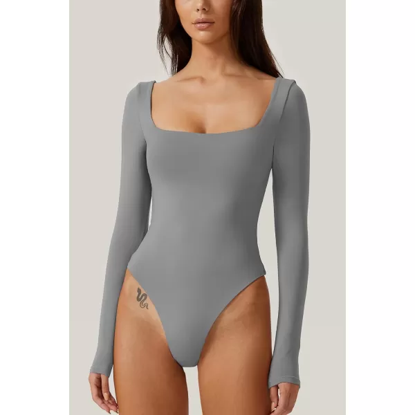 QINSEN Bodysuit Tops for Women Square Neck Long Sleeve Double Lined T-shirt