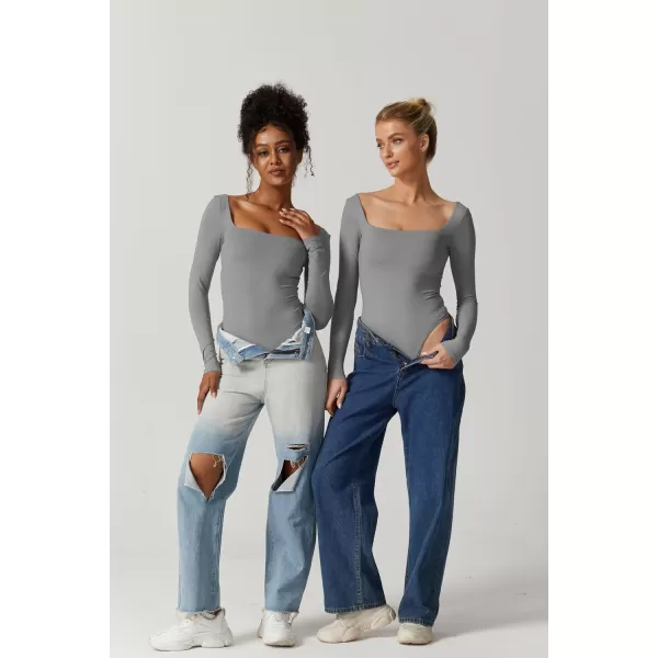 QINSEN Bodysuit Tops for Women Square Neck Long Sleeve Double Lined T-shirt
