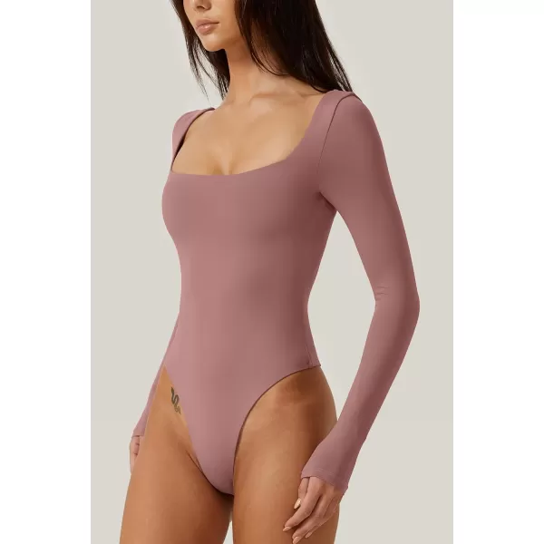 QINSEN Bodysuit Tops for Women Square Neck Long Sleeve Double Lined T-shirt