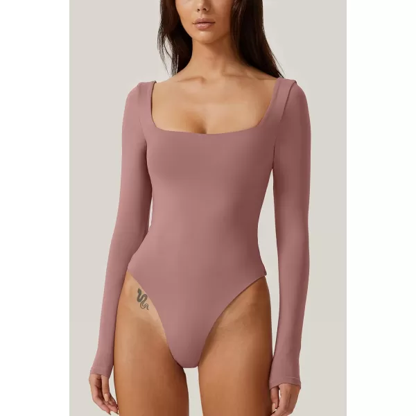 QINSEN Bodysuit Tops for Women Square Neck Long Sleeve Double Lined T-shirt