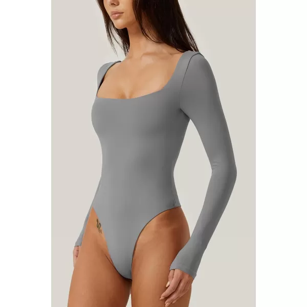 QINSEN Bodysuit Tops for Women Square Neck Long Sleeve Double Lined T-shirt