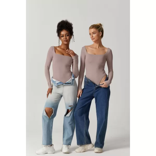 QINSEN Bodysuit Tops for Women Square Neck Long Sleeve Double Lined T-shirt