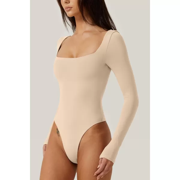 QINSEN Bodysuit Tops for Women Square Neck Long Sleeve Double Lined T-shirt