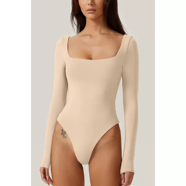 QINSEN Bodysuit Tops for Women Square Neck Long Sleeve Double Lined T-shirt