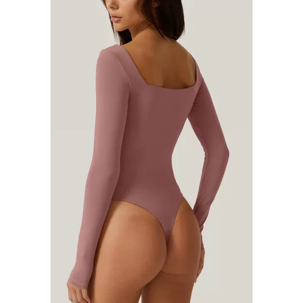 QINSEN Bodysuit Tops for Women Square Neck Long Sleeve Double Lined T-shirt