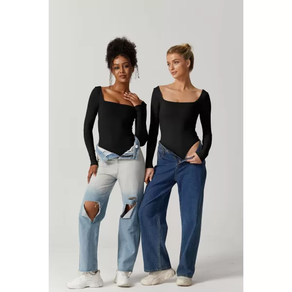 QINSEN Bodysuit Tops for Women Square Neck Long Sleeve Double Lined T-shirt
