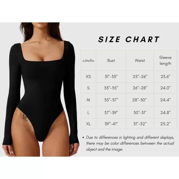 QINSEN Bodysuit Tops for Women Square Neck Long Sleeve Double Lined T-shirt