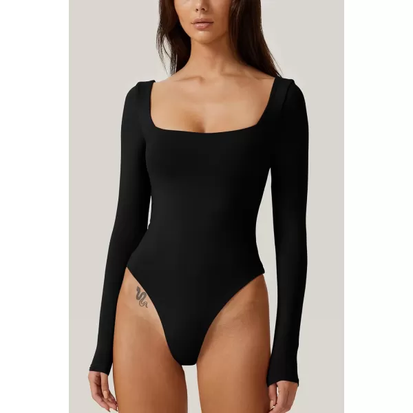 QINSEN Bodysuit Tops for Women Square Neck Long Sleeve Double Lined T-shirt