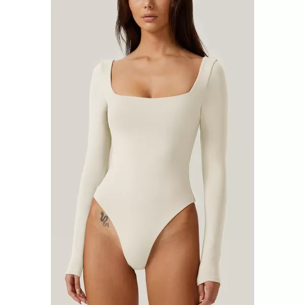 QINSEN Bodysuit Tops for Women Square Neck Long Sleeve Double Lined T-shirt