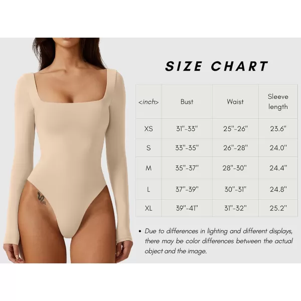 QINSEN Bodysuit Tops for Women Square Neck Long Sleeve Double Lined T-shirt
