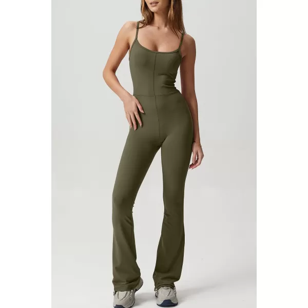 QINSEN Flare Jumpsuits for Women Spaghetti Straps Scoop Neck Bodycon Full Length Casual Unitard Playsuit