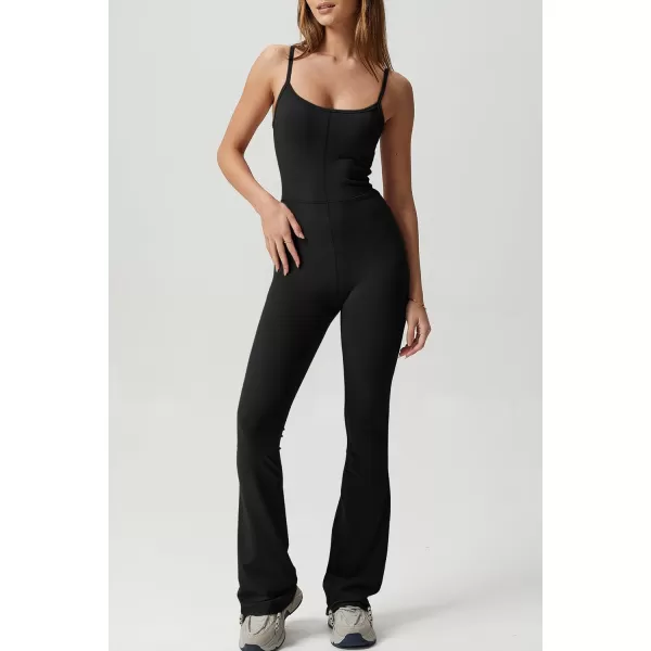 QINSEN Flare Jumpsuits for Women Spaghetti Straps Scoop Neck Bodycon Full Length Casual Unitard Playsuit