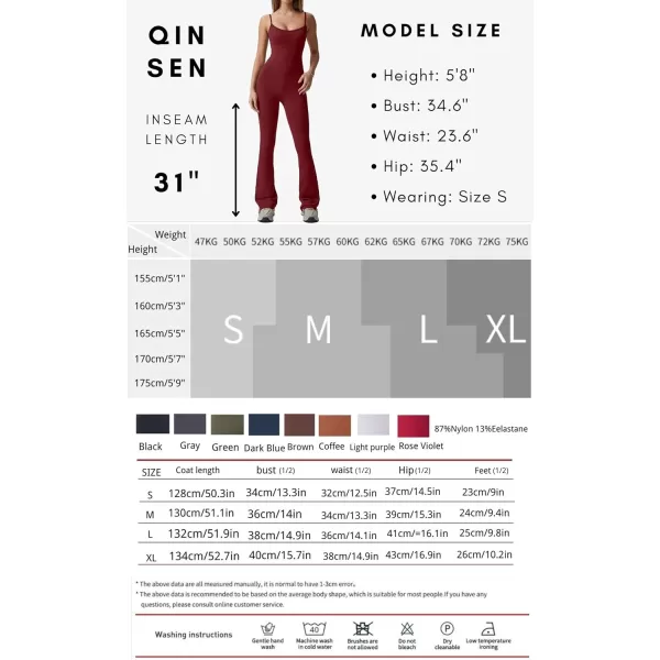 QINSEN Flare Jumpsuits for Women Spaghetti Straps Scoop Neck Bodycon Full Length Casual Unitard Playsuit