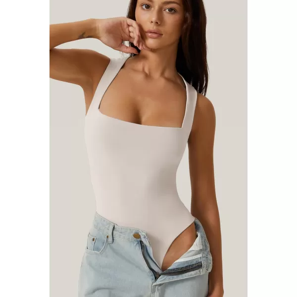 QINSEN Womens Sexy Square Neck Bodysuit Sleeveless Double Lined T Shirt Tops