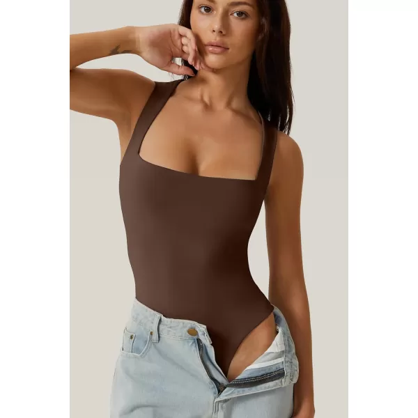 QINSEN Womens Sexy Square Neck Bodysuit Sleeveless Double Lined T Shirt Tops