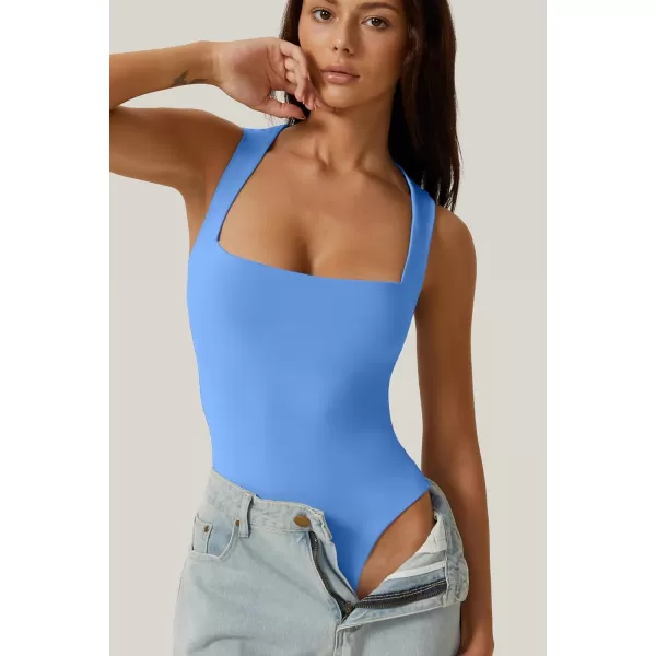 QINSEN Womens Sexy Square Neck Bodysuit Sleeveless Double Lined T Shirt Tops