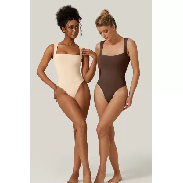 QINSEN Womens Sexy Square Neck Bodysuit Sleeveless Double Lined T Shirt Tops