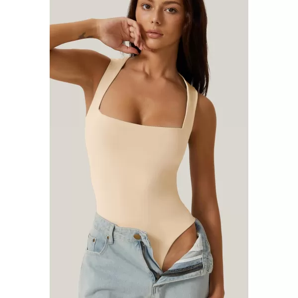 QINSEN Womens Sexy Square Neck Bodysuit Sleeveless Double Lined T Shirt Tops