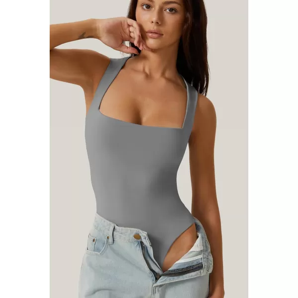 QINSEN Womens Sexy Square Neck Bodysuit Sleeveless Double Lined T Shirt Tops