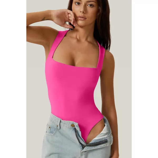 QINSEN Womens Sexy Square Neck Bodysuit Sleeveless Double Lined T Shirt Tops