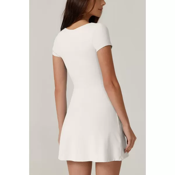 QINSEN Womens Square Neck Tennis Dress Short Sleeve Built in Shorts Golf Athletic Dress with Pockets