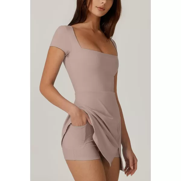 QINSEN Womens Square Neck Tennis Dress Short Sleeve Built in Shorts Golf Athletic Dress with Pockets