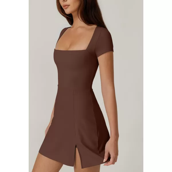QINSEN Womens Square Neck Tennis Dress Short Sleeve Built in Shorts Golf Athletic Dress with Pockets