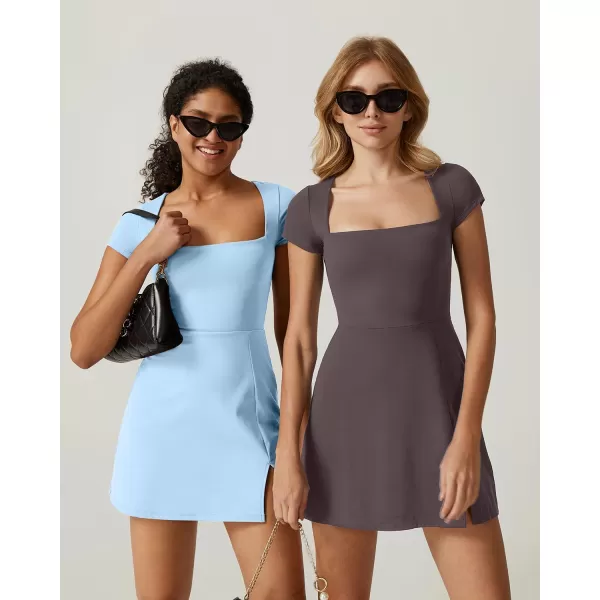 QINSEN Womens Square Neck Tennis Dress Short Sleeve Built in Shorts Golf Athletic Dress with Pockets